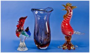 Two Murano Style Glass Cockerel Figures together with a Studio Art Form flower vase c1960.