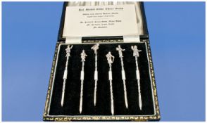 Charles Dickens Interest. A scarce set of six silver cherry or cocktail sticks. Each with a finial