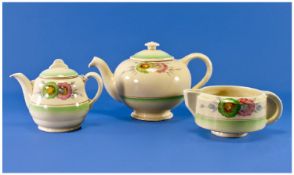 Clarice Cliff 1930`s Matching 3 Pieces, tea pot, milk jug and small tea pot. ``Sunden`` pattern, c.