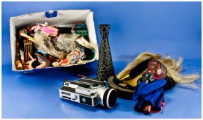 Box of Assorted Collectables including dolls in traditional dress, Sankyo Cine Camera, tins.