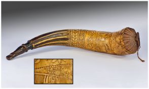 American Powder Horn, Dated 1816 And Also Carved With Native Indian Symbols. A rare documentary