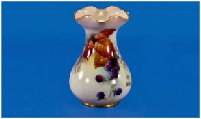 Royal Worcester Hand Painted Small Handkerchief Necked Vase ``Fruits``. Date 1912, shape 2492.