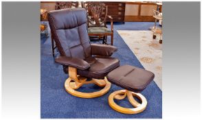 Modern Chocolate Brown Leatherette Reclining Chair with lock mechanism, on a circular light wooden