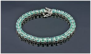 Silver Tennis Bracelet Set With 2 Rows Of Green/Blue Topaz Coloured Stones, Length 8 Inches, Fully