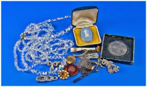 Bag of Assorted Costume Jewellery including beads, Wedgwood brooch, evening brooches, coin etc