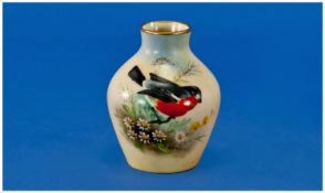 Locke & Co Worcester Small Handpainted Robins Vase, Signed Lewis. Stands 3.5`` in height.