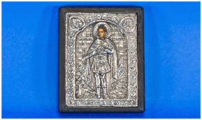 Greek Silver Icon Of A Saint, finely embossed with a painted face of the saint. Stamped silver 950.