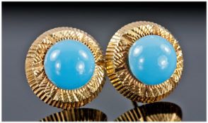 Pair Of 18ct Gold Stud Earrings Each Set With A Turquoise Cabochon Textured Mount, Unmarked, Tests