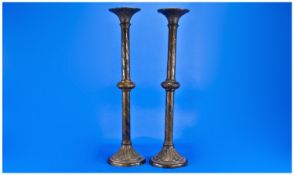 Pair Pugin Style Brass Candlesticks, with finely detailed central column of spiral floral designs,