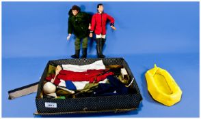 Two Action Man Figures Plus Various Accessories including helmets, boats, gun belt, ammunition,