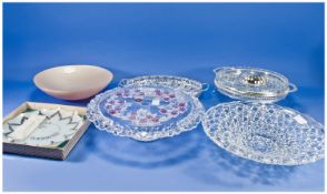 Four Glass Serving Dishes including German Made Glass Cake Stand, glass shallow bowl, Queen Anne