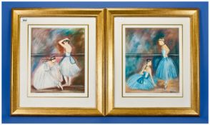 Pair Of Framed Coloured Ballerina Prints Titled `Final Rehearsal` & `A Moments Rest` signed in