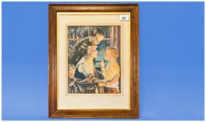 Framed Watercolour 1940 Winter Family Setting, original frame, 9x11``