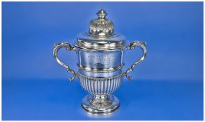 Walker & Hall Large & Impressive Lidded Two Handle Trophy Challenge Cup, gilt interior, awarded to