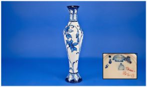 Moorcroft Modern Tubelined Floral Blue and White Tall Vase. Florian Ware style. Dated 18-6-13. 12.5