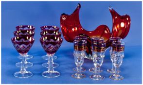 Collection Of Glassware Comprising 6 cranberry etched drinking glasses, large vase/bowl plus