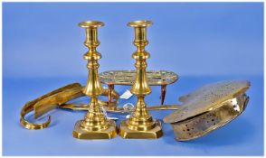 Six Pieces of Brass Ware comprising one pair of candlesticks with pushers, bed warmer, two shoe