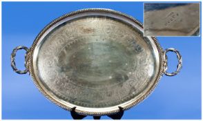 Elkington & Co. Silver Plated Two Handle Oval Shaped Tray with reeded border and rope twist