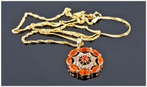 9ct Gold Pendant Set With Fire Opal, Openwork Form Suspended On A 9ct Gold 18 Inch Chain, Pendant