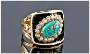 19thC Gold Mourning Ring, The Black Enamel Setting Mounted With A Central Turquoise Surrounded By