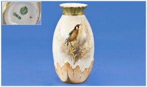 Royal Worcester Signed and Hand Painted Vase. Red headed bird, perched on a gold branch. Signed