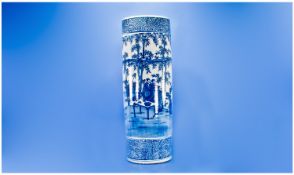 Japanese Cylindrical Blue And White Decorated Stick Stand, decorated around the body with figures