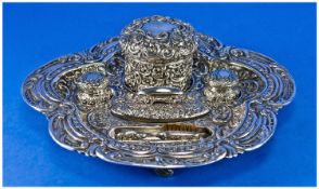 A Very Fine Ladies Silver Five Piece Dressing Table Set, with shaped footed tray. The ornate and