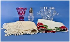 Selection of Table Decorations comprising Cut Glass Ice Bucket, Ruby Vase, Sugar Castor and Two