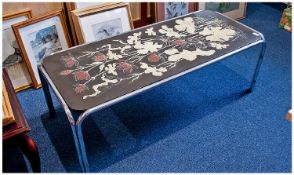 1950`s/1960`s Chrome Legged Coffee Table Of Tubular Form, with a decorated pressed out leather type