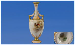 Royal Worcester Signed and Hand Painted Two Handled Vase ``Robins``. Signed James Stinton, date