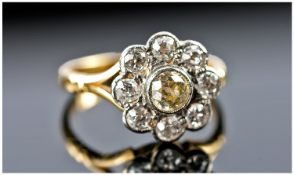 Art Deco 18 Carat Gold Set Diamond Cluster Ring, the central diamond brilliant cut of 42 pts and