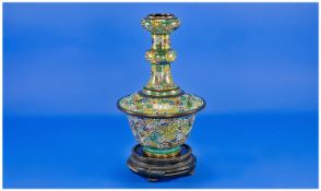 Chinese Cloisonne Vase. c.1920`s with multicoloured exotic floral decoration. Raised on circular