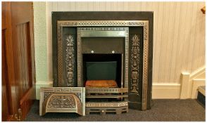 20th Century Cast Iron Square Shaped Fireplace Surround and Accessories. 38 by 38 inches.