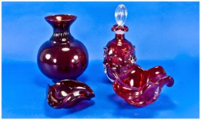 Collection Of Vintage Ruby Coloured Glass Comprising Murano decanter & stopper, nobbly design,