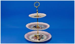 Old Foley Three Tier Cake Stand Floral & gilt design on pink & white ground. 14`` in height.