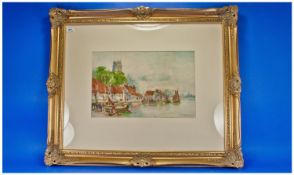 Watercolour Drawing of Dortretch, a Quay Side View of the `Harbour` with Fishing Smacks and a