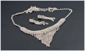 Crystal Fringe Necklace and Drop Earrings Set, V shaped bib style necklace with separate strands of