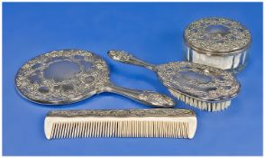 Ladies Silver Plated Dressing Table Set comprising mirror, brush, powder jar and comb.