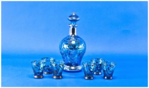1950`s Glass Decanter and Set of Six Matching Glasses. Overlaid with sterling silver. Size of the