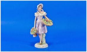 Royal Dux Female Flower Basket Seller with Gold Shoes. Pink triangle to base. Figure stands 10