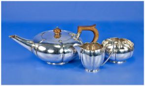 Art Deco Planished Silver 3 Piece Tea Service, comprising tea pot, milk jug and sugar bowl.