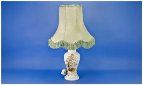 White Baluster Table Lamp and Pale Green Shade, the lamp base with sepia and teal blue Chinoiserie