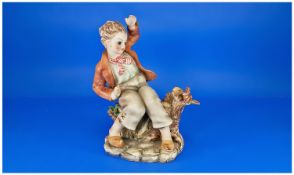 French Mid 20th Century Hand Painted Pottery Figure, in the Capo Di Monte style. Young woman and