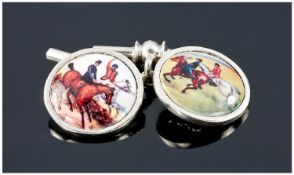 Pair Of Gents Of Silver Cufflinks, The Fronts With Scenes Of Horses And Riders