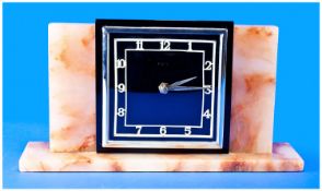 Art Deco Stylish Black and Chrome 8 Day Mantle Clock, set in a marble support/stand. c.1933. Size: