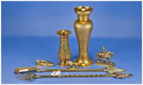 Small Collection of Brass including Indian Brass Vases, 10 and 6 inches in height, two fire irons,