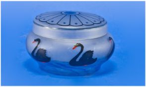 Australian Interest. An Unusual Art Deco Lidded Glass Bowl. Hand painted with six black swans