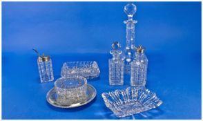 Small Quantity Of Glassware comprising decanter, star shaped base, cruet set and various dishes.