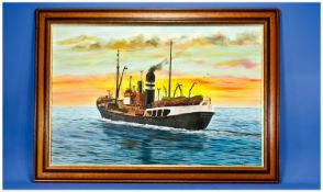 Framed Oil On Canvas `Trawler At Sea` `Dragoon Fleetwood` 20x30`` signed & dated 1989 lower right.