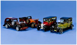 Collection Of Four Model Cars Including two wooden models (one open topped), plus two others. All